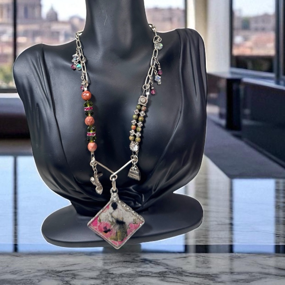 Handcrafted Silver & Glass Pendant with Unakite & Pink Jasper Silver Necklace - Picture 1 of 17